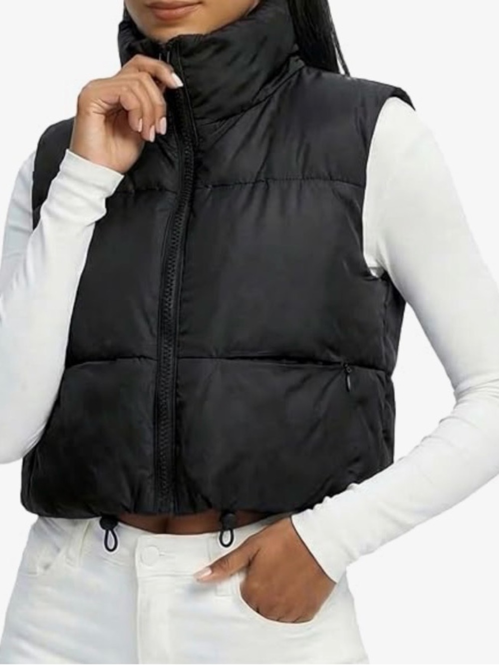 Black Puffy Down Vest with High Collar